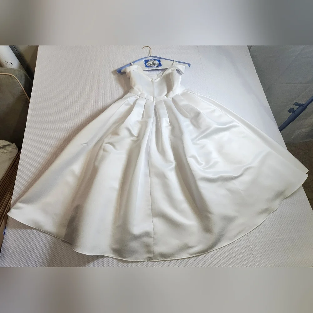 David's Bridal Girl Satin Off Shoulder White Dress W/ Some Light Imperfections - Picture 6 of 11